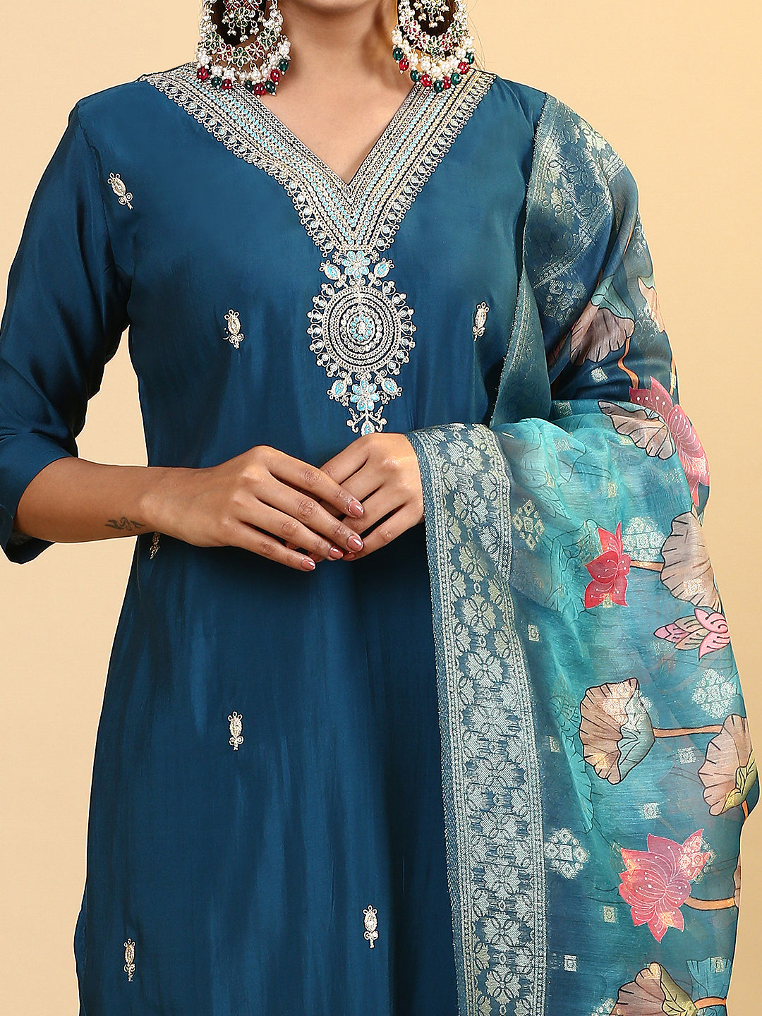 Womens Cotton Embroidered Kurti Sets Blue EKS18