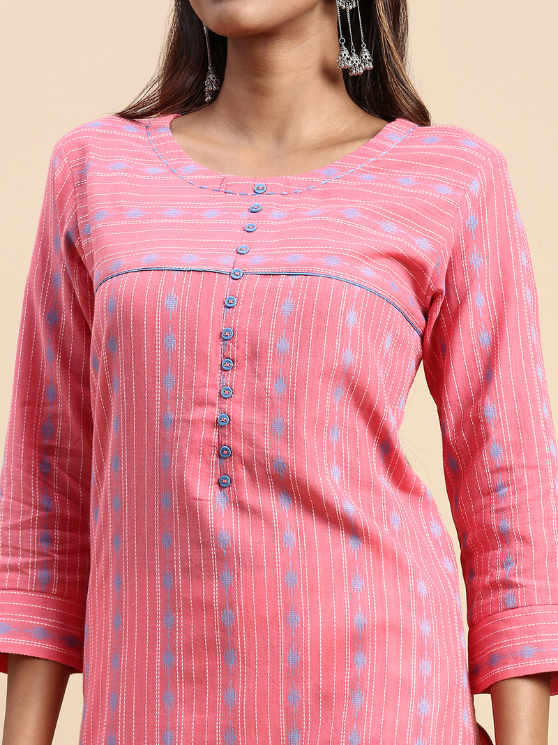Women Cotton Embroidered Round Neck Straight Cut Pink Kurti EK40