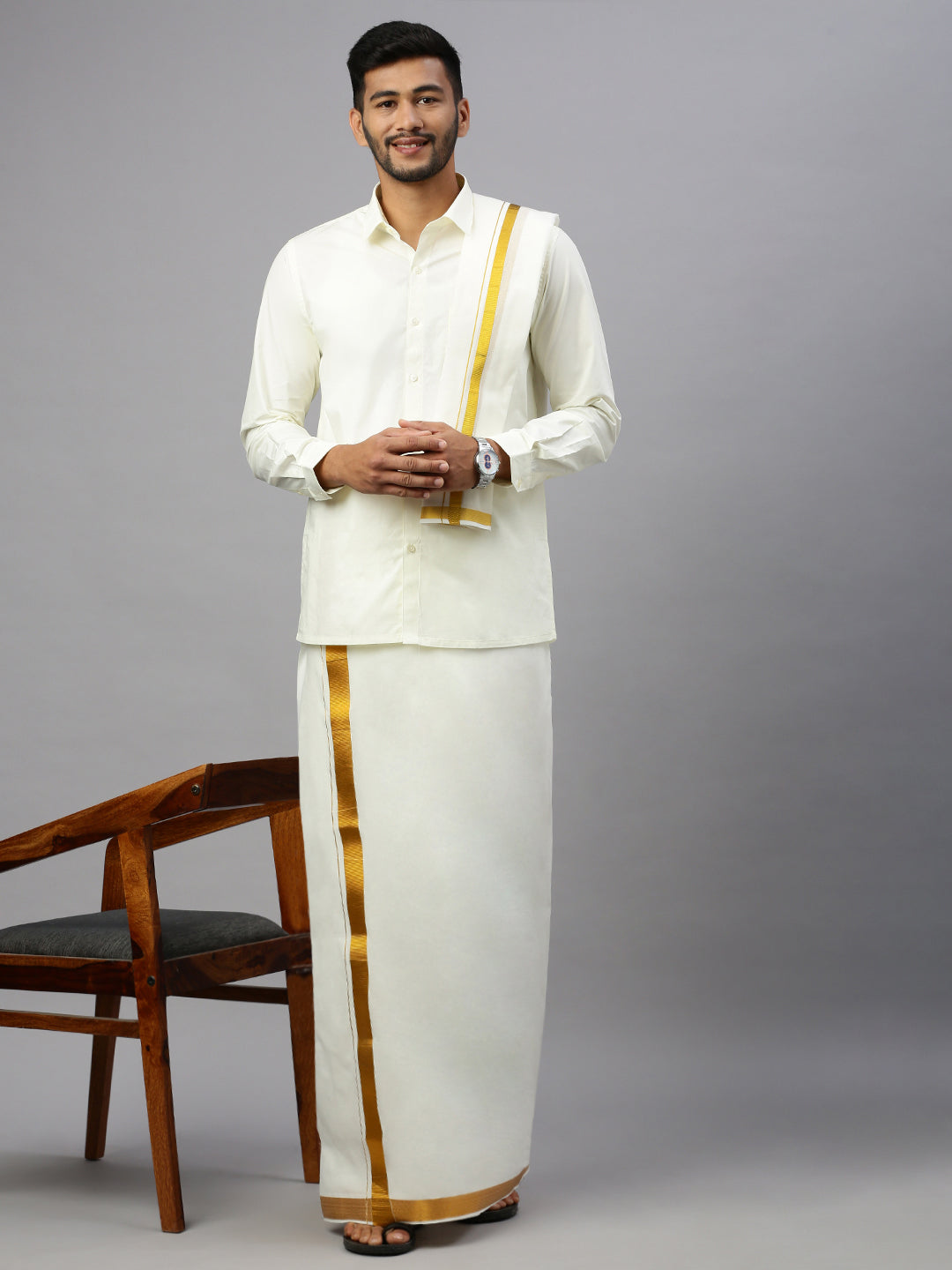 Men Cream with 1 1/2" inch Gold Jari Border Dhoti Shirt & Towel Set