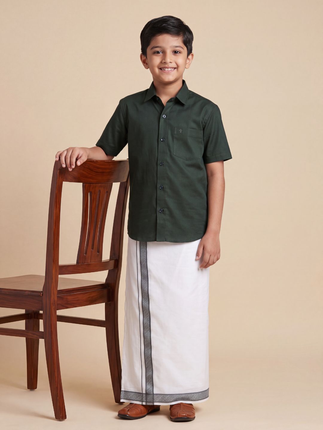 Boys 100% Cotton Dark Green Shirt and Fancy Border Dhoti Set BT10