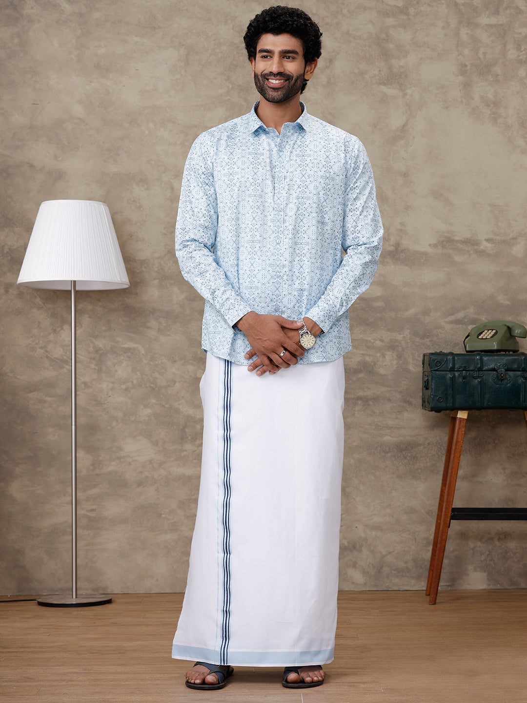 Men Aqua Blue Matching Border Dhoti With Printed Shirt Set Fusion PS2