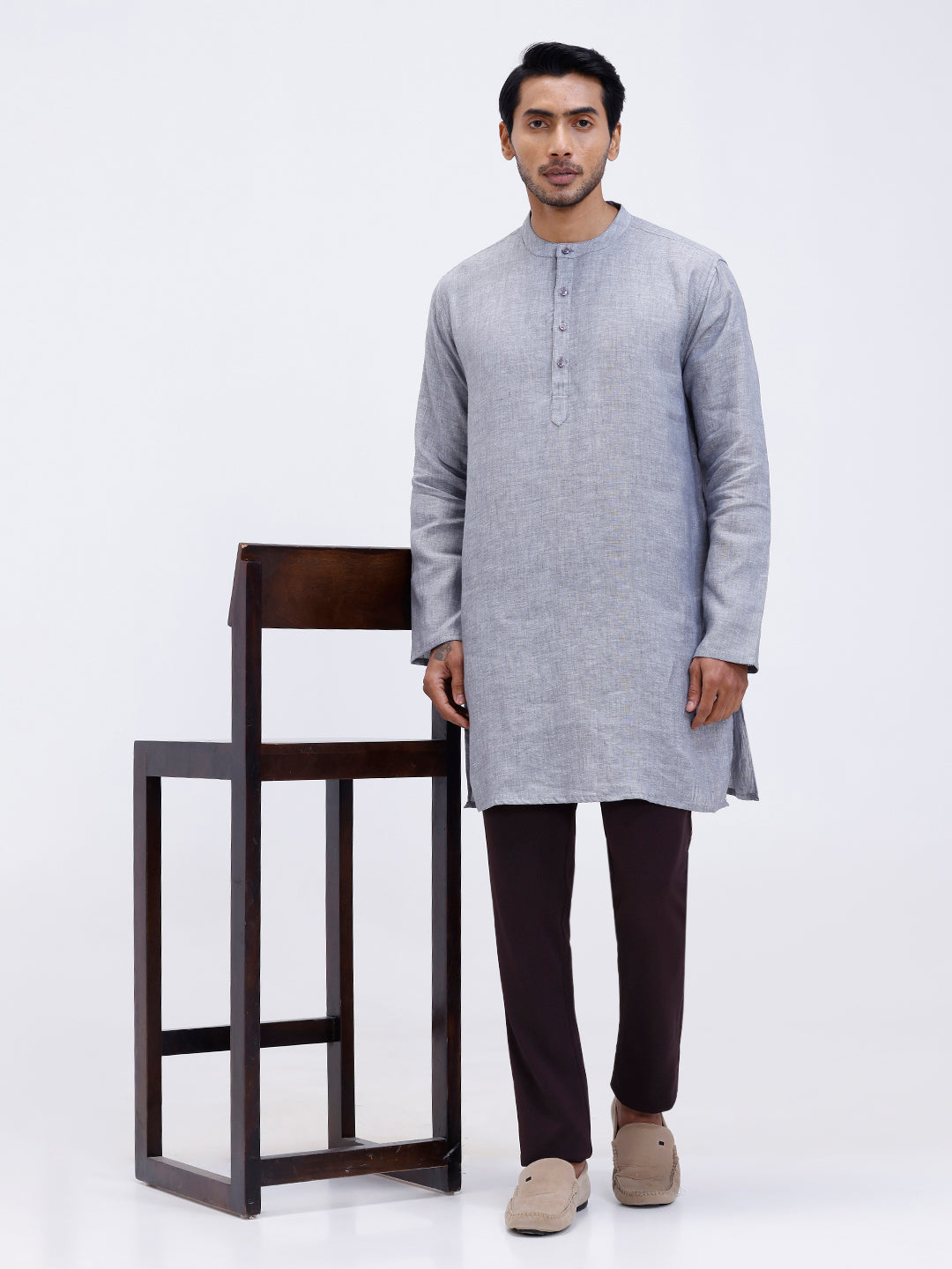 Men Pure Linen Medium Length Plain Pocket Kurta Grey KAL13