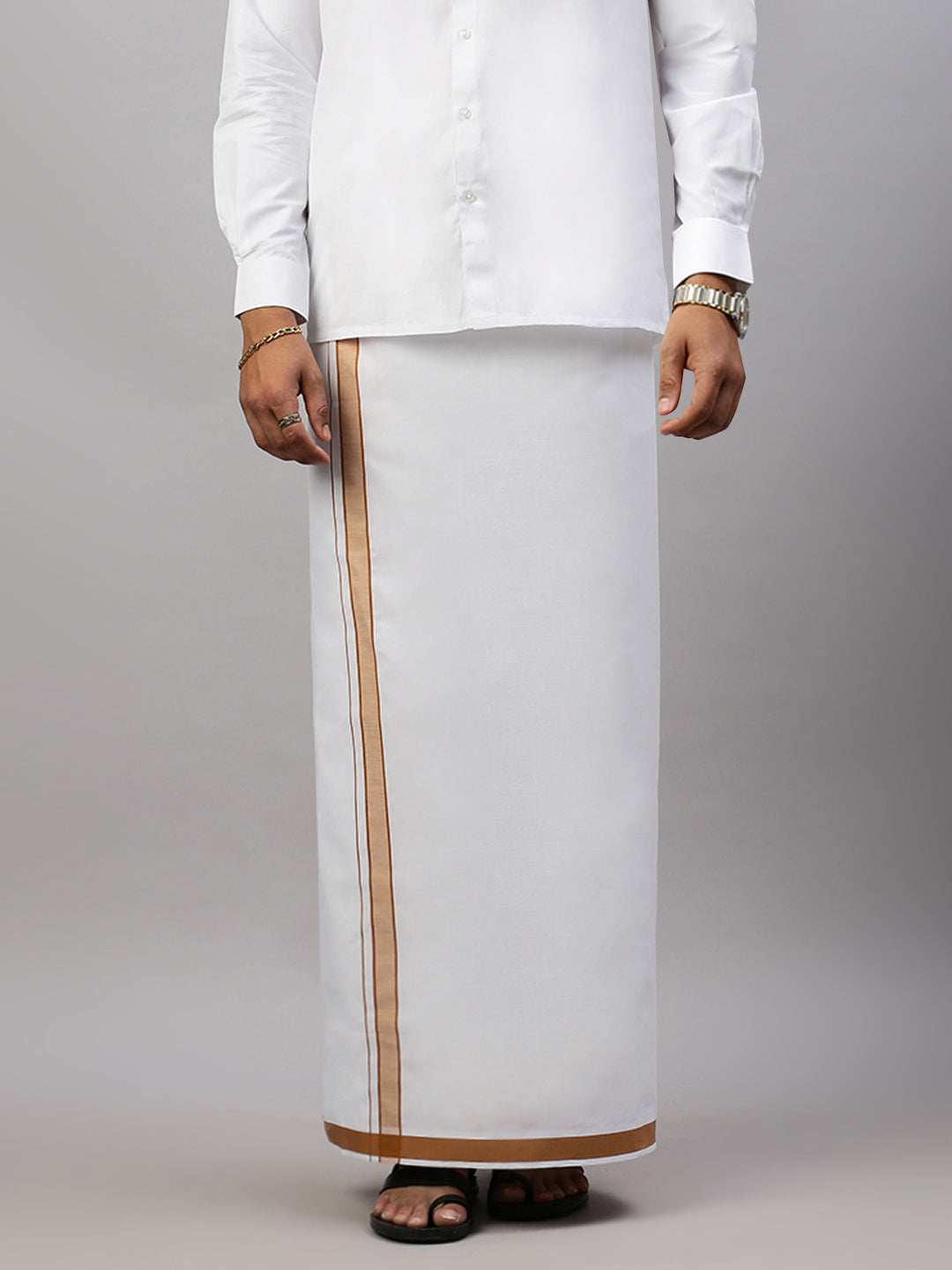 Men White Shirt with Brown Fancy Border Dhoti Combo WP08