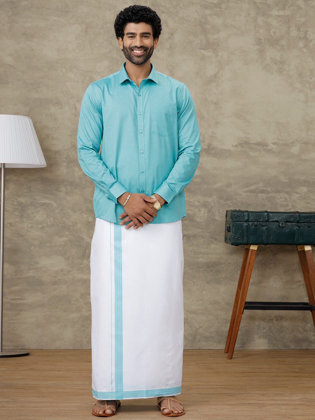 Men Turquoise Blue Shirt With Matching Border Dhoti Set Evolution