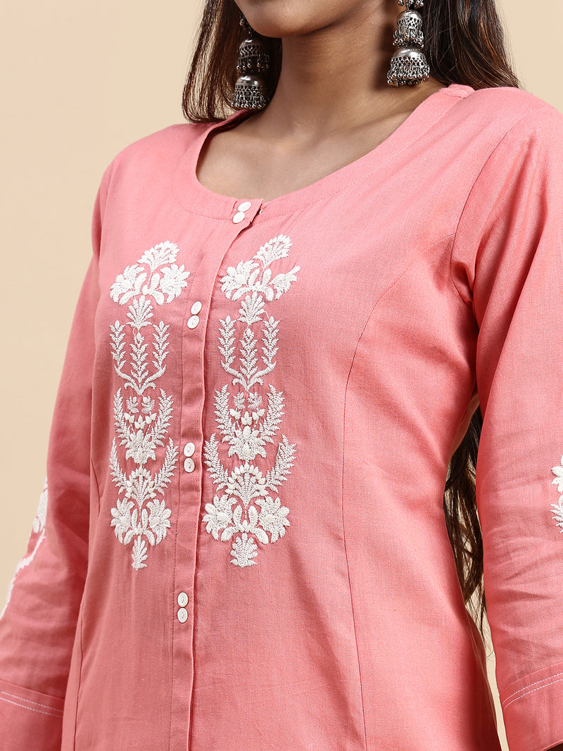 Women Cotton Embroidered Round Neck Straight Cut Pink Kurti EK33