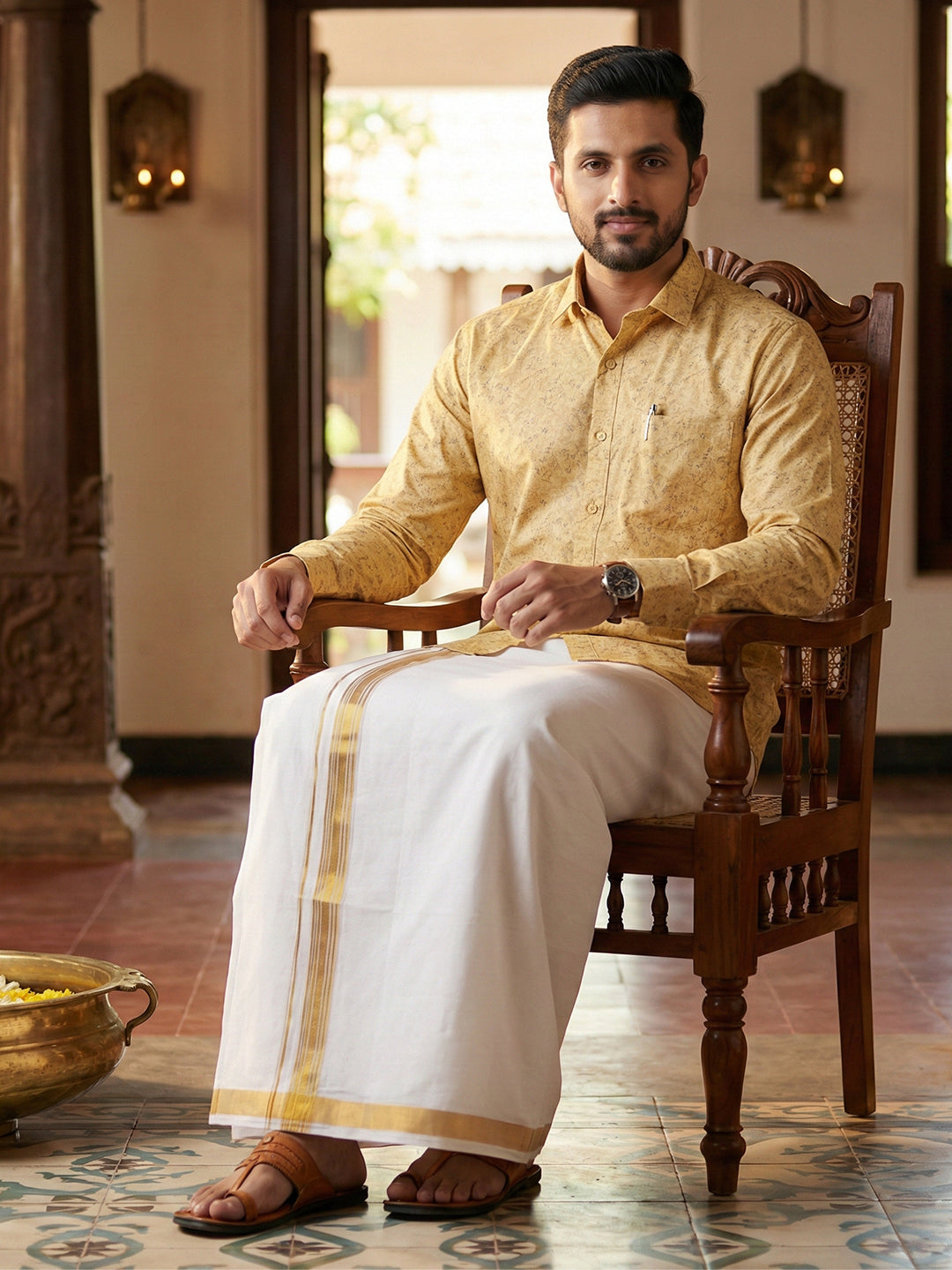 Like Father Like Son Matching Border Dhoti with Printed Shirt Combo Set Sandal PS21