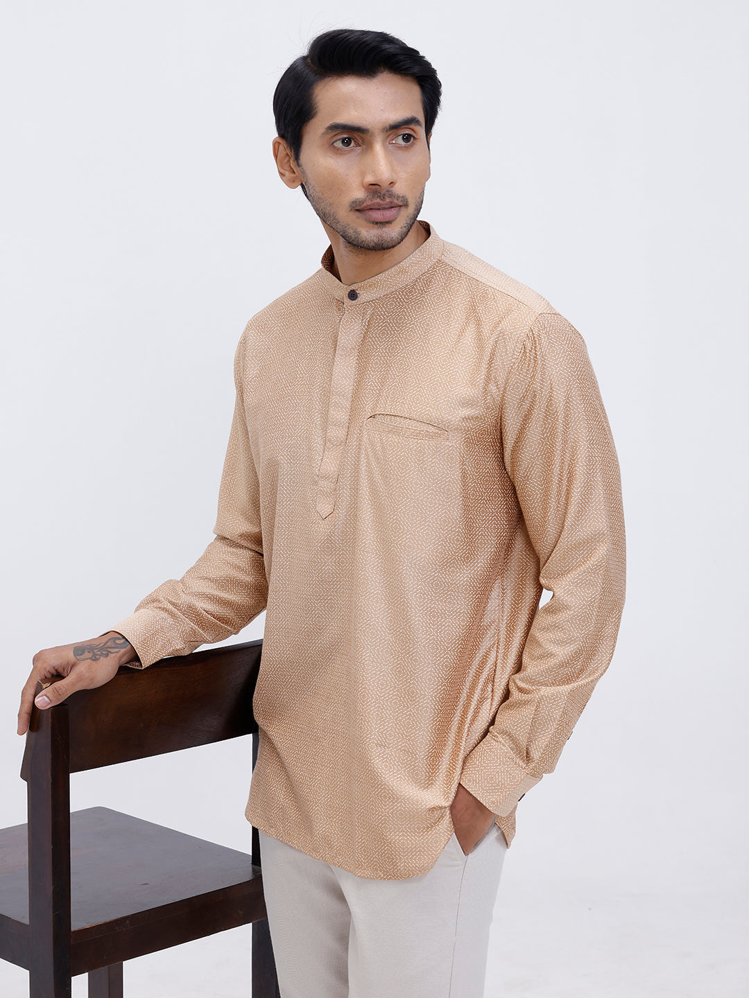Men Cotton Short Length Printed Pocket Kurta Khaki Beige RL18