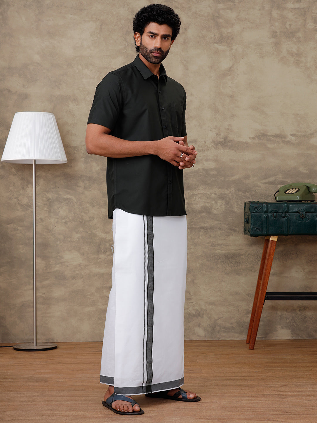 Men Green Waterlo Shirt With Matching Border Dhoti Set Trendy