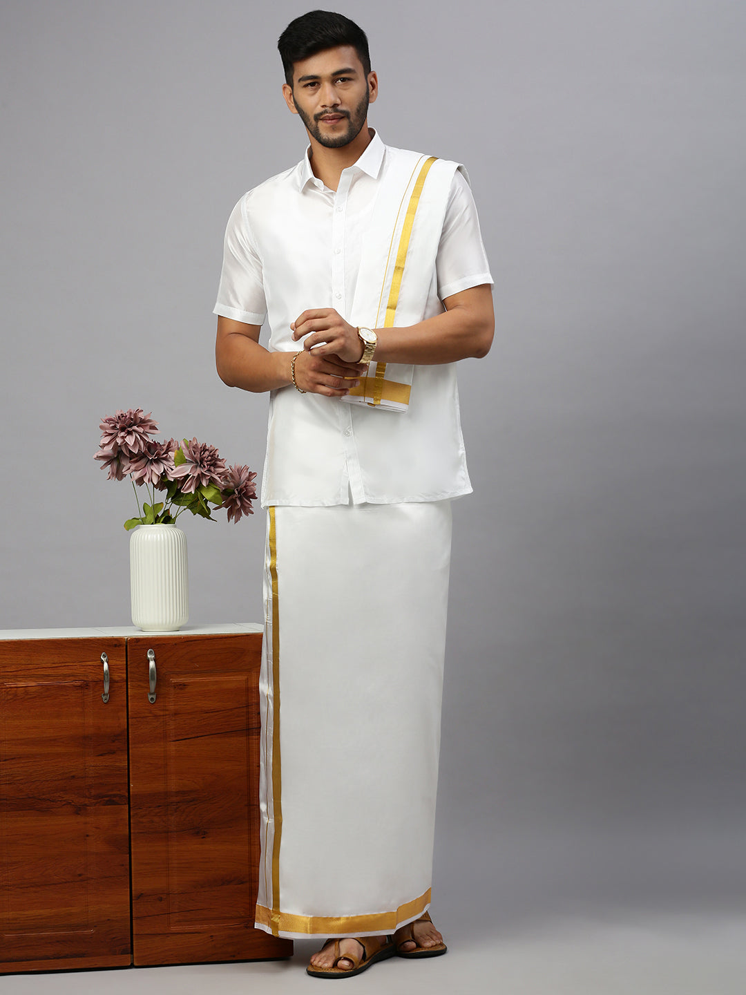 Men Pure Silk White Dhoti + Towel 1" Jari Border Thirukalyan