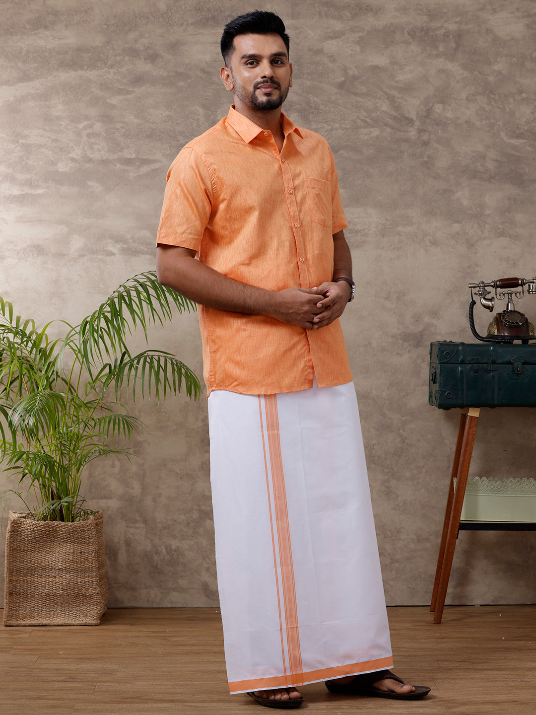 Men Matching Border Dhoti & Half Sleeves Shirt Set Orange C2