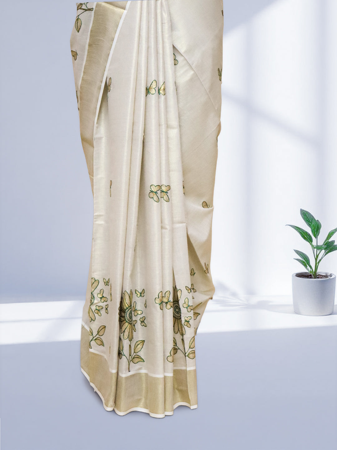 Women Kerala Tissue Gold Embroidery Saree KS214