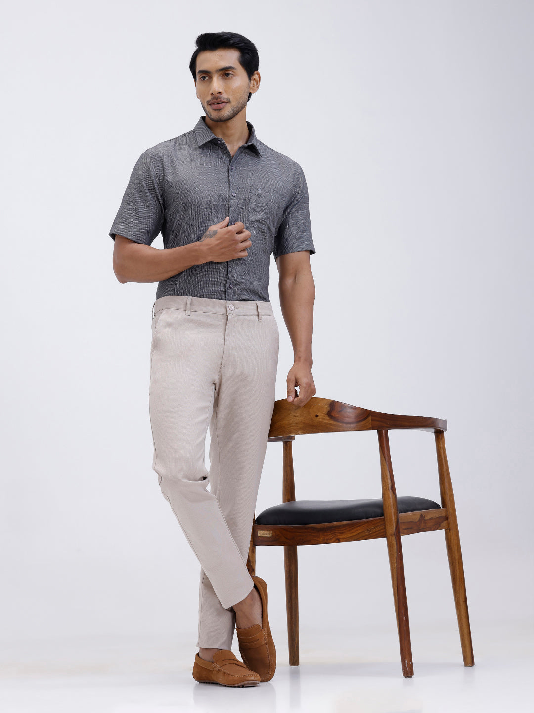 Men Cotton Rich Half Sleeve Shirt Grey Black Dobby T59 AIT5