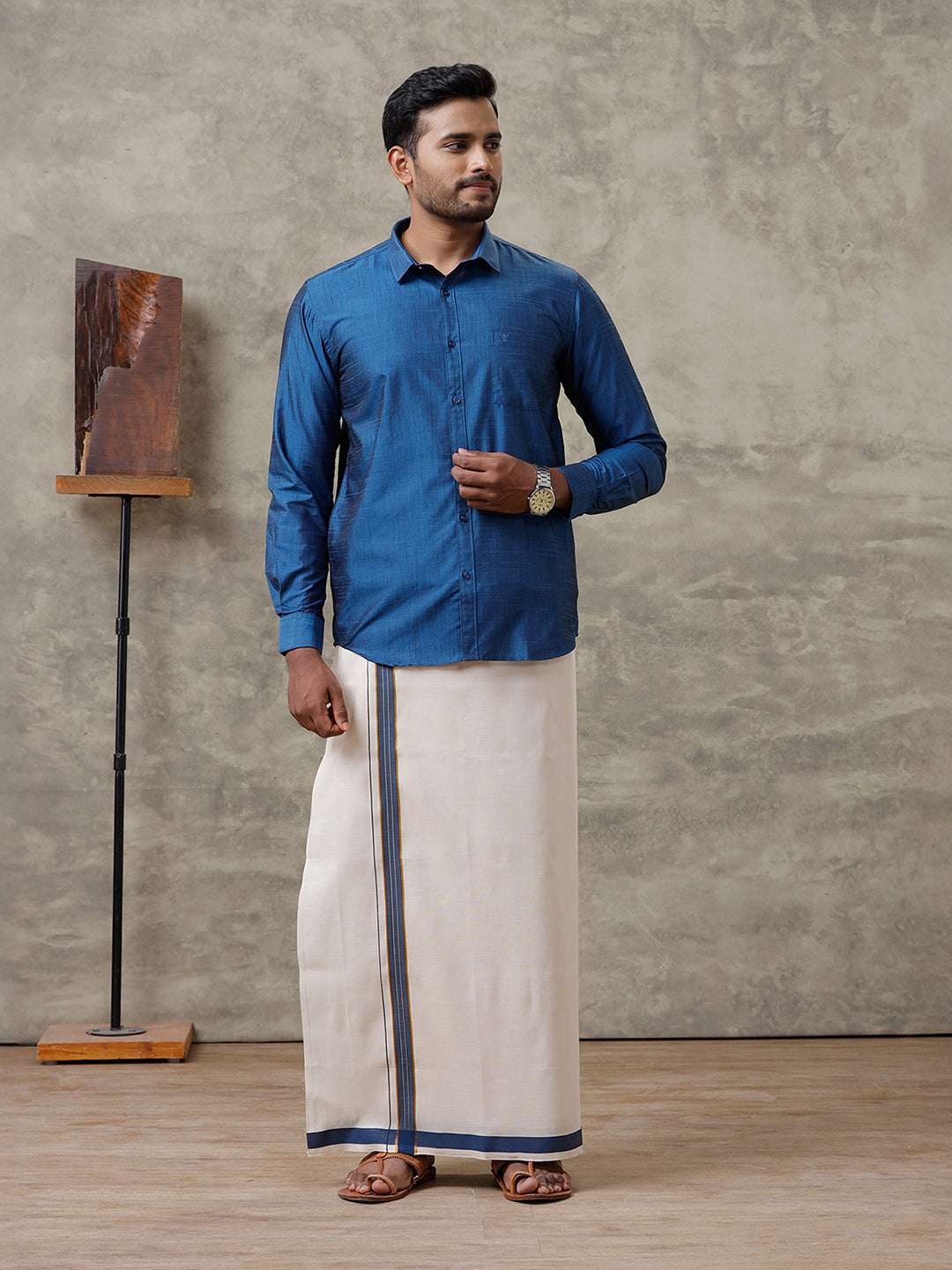 Couple Combo Shirt & Dhoti Set with Saree Dark Blue SC56