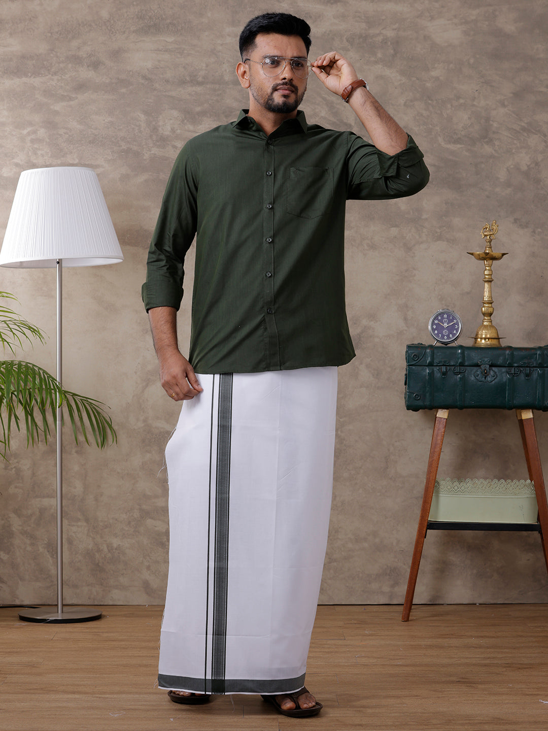 Men Green Matching Border Dhoti & Full Sleeves Shirt Set Evolution IC8