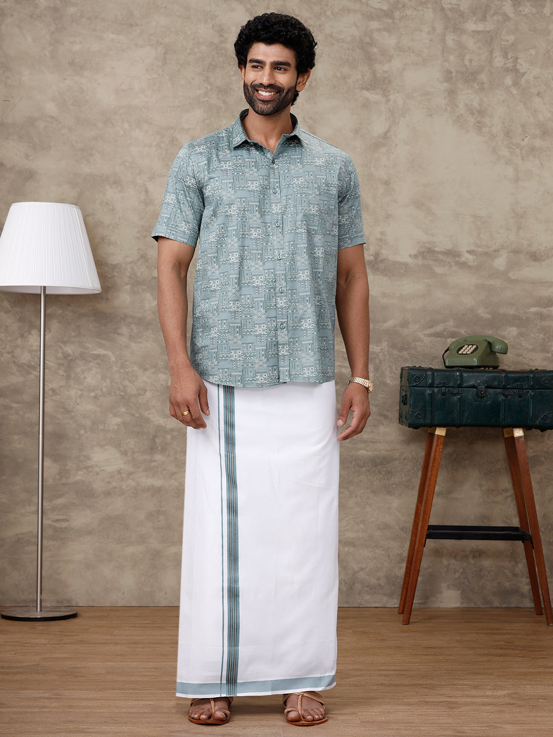 Men Slate Green Matching Border Dhoti With Printed Shirt Set Fusion PS3