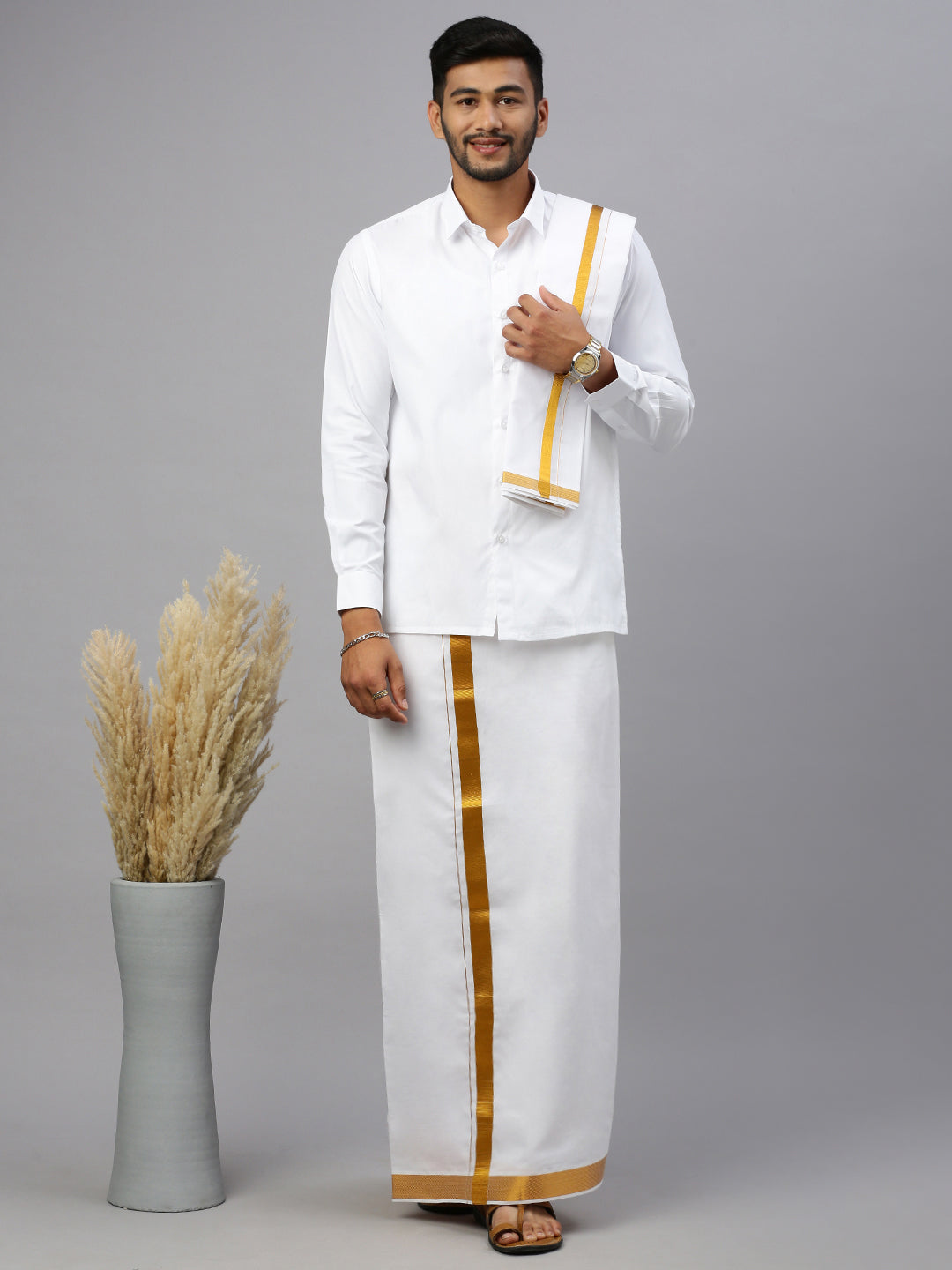 Mens Premium Wedding Cotton White Dhoti with shirt Bit & Towel Set