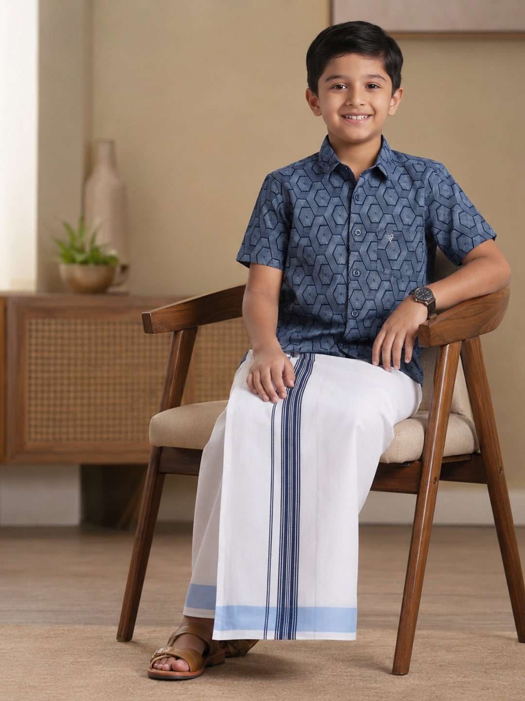 Boys Navy Blue Matching Border Dhoti With Printed Shirt Set Fusion PS25