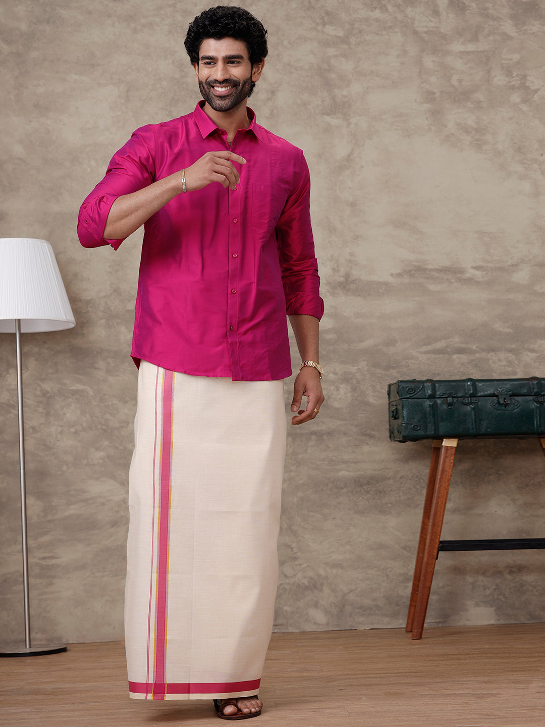 Men Cardinal Pink Silk Cotton Shirt With Matching Border Tissue Dhoti Set CCB Fortune