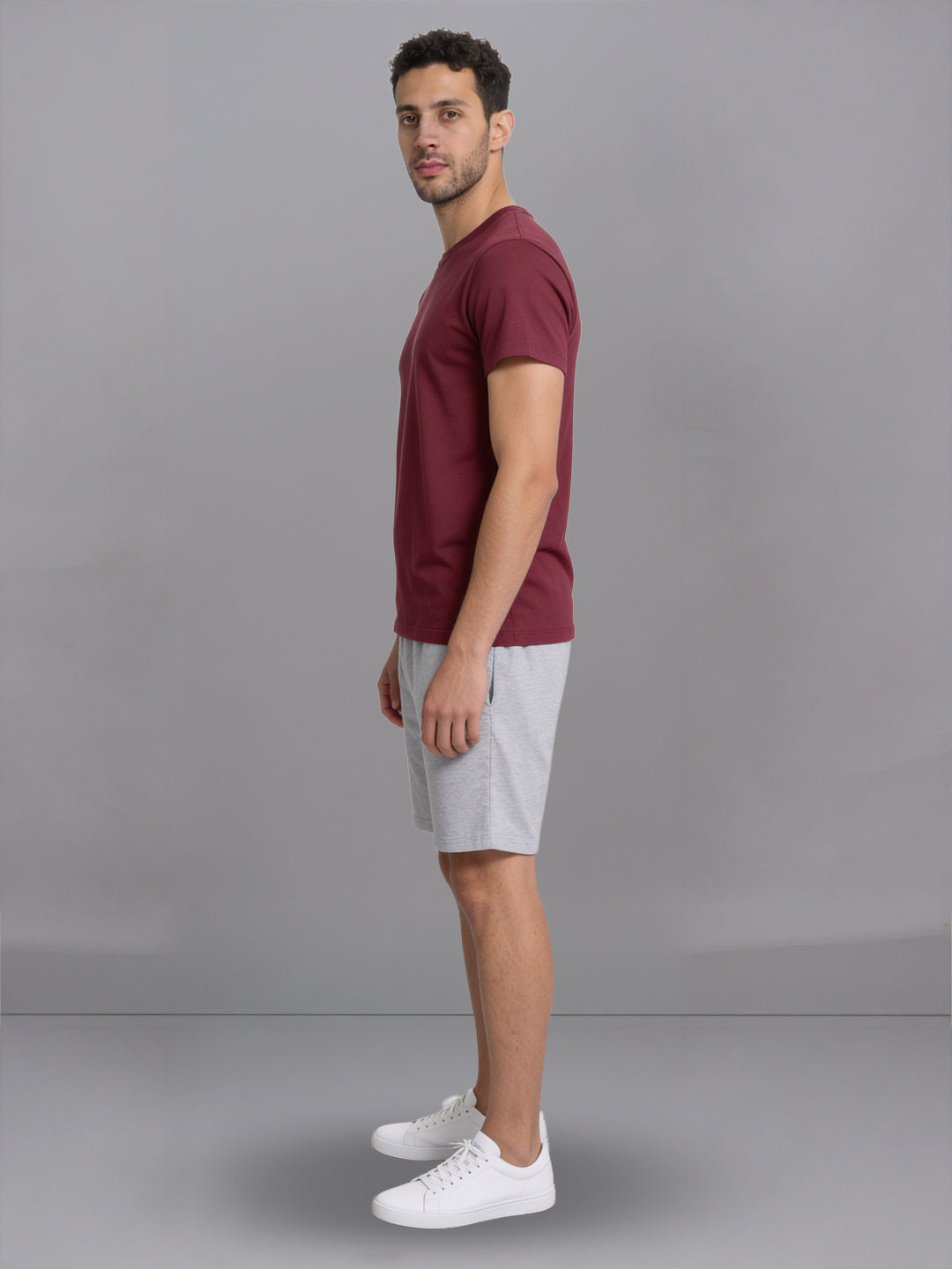 Men Burgandy Crew neck T-Shirt with Grey Melange Shorts Combo ES3