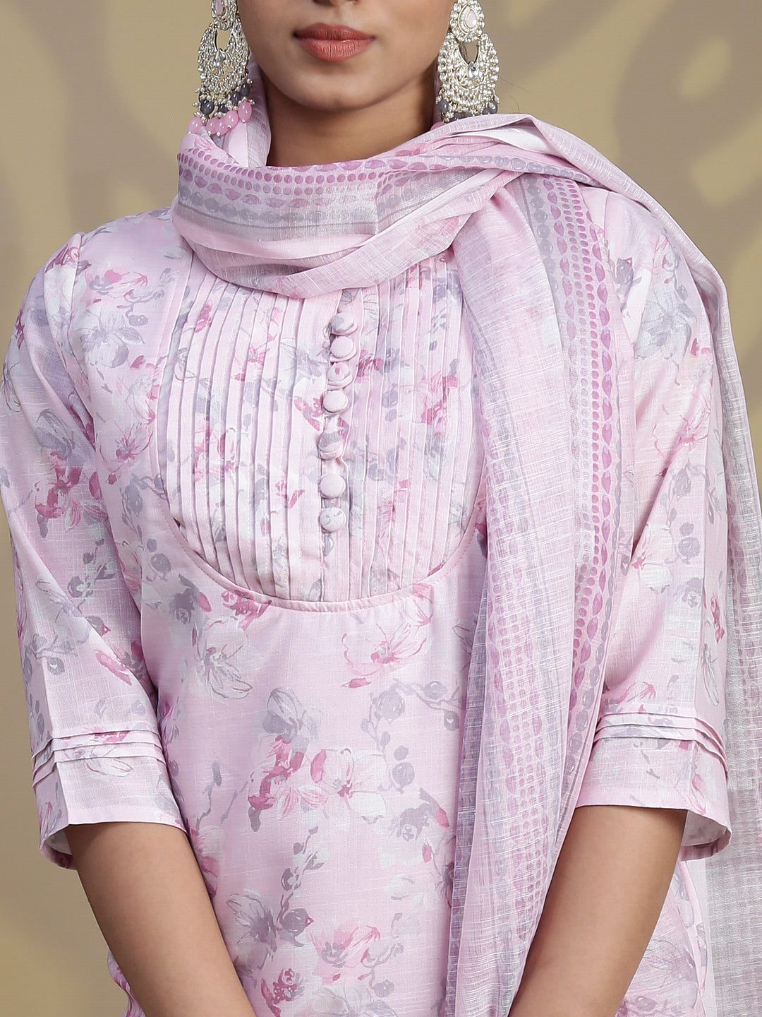 Women Semi Linen Printed Kurti Set Light Pink EKS93