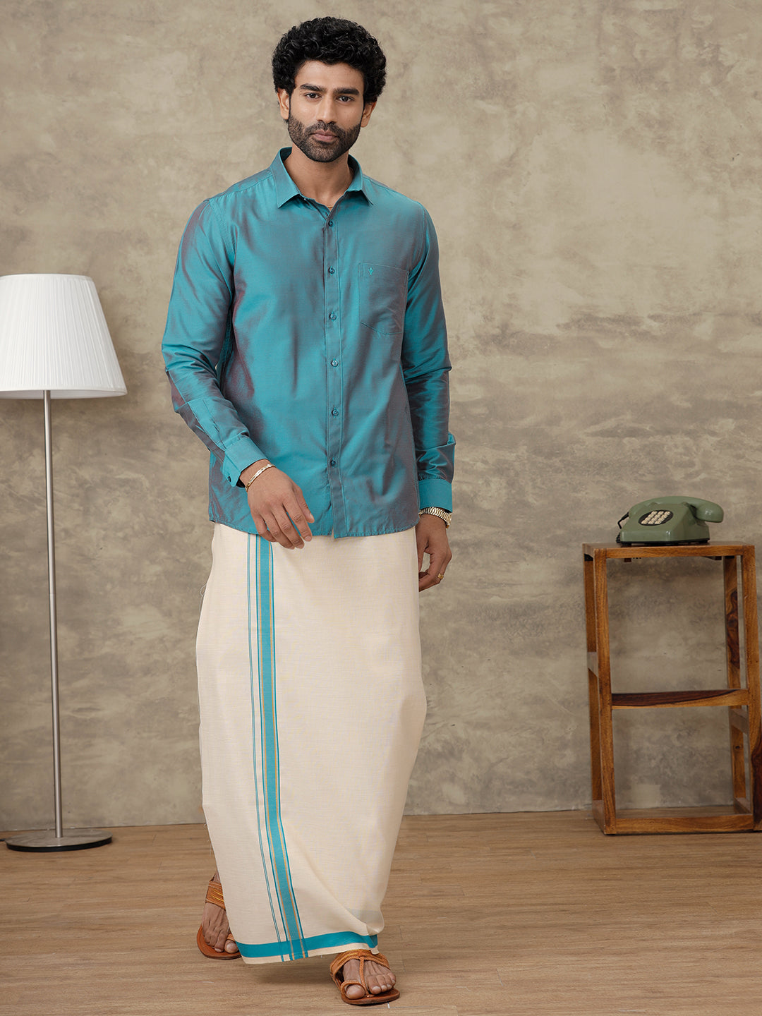 Men Jungle Green Silk Cotton Shirt With Matching Border Tissue Dhoti Set CCB Fortune