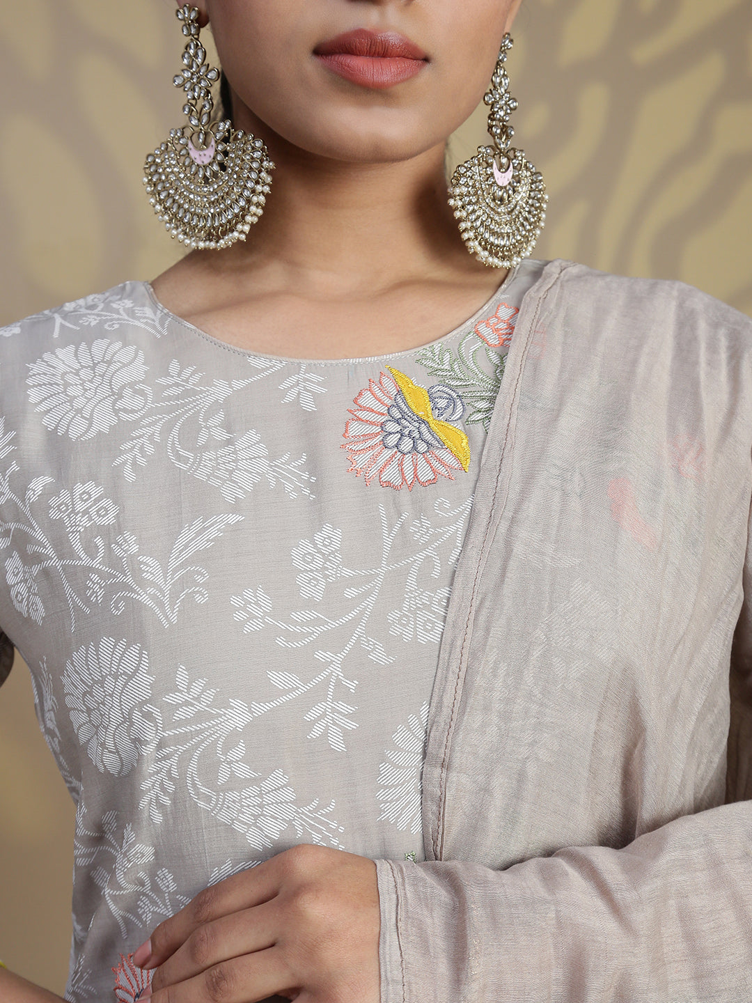 Women Light Grey MM Silk Embroidery Kurti Set EKS99