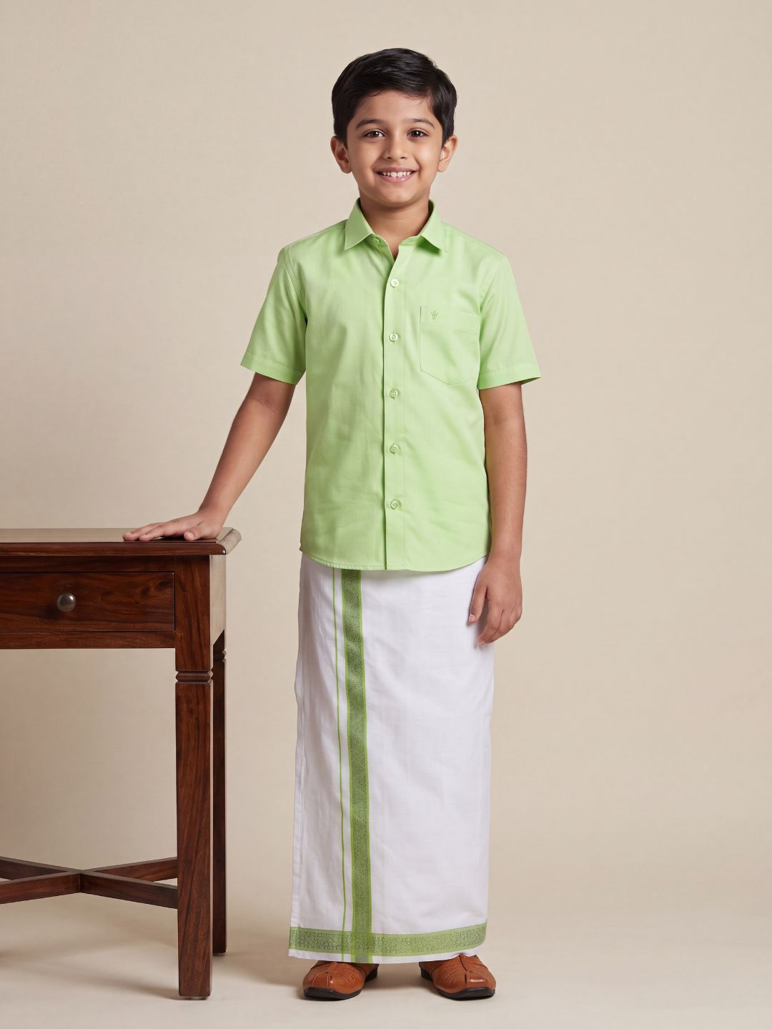 Boys 100% Cotton Green Shirt and Fancy Border Dhoti Set BT3