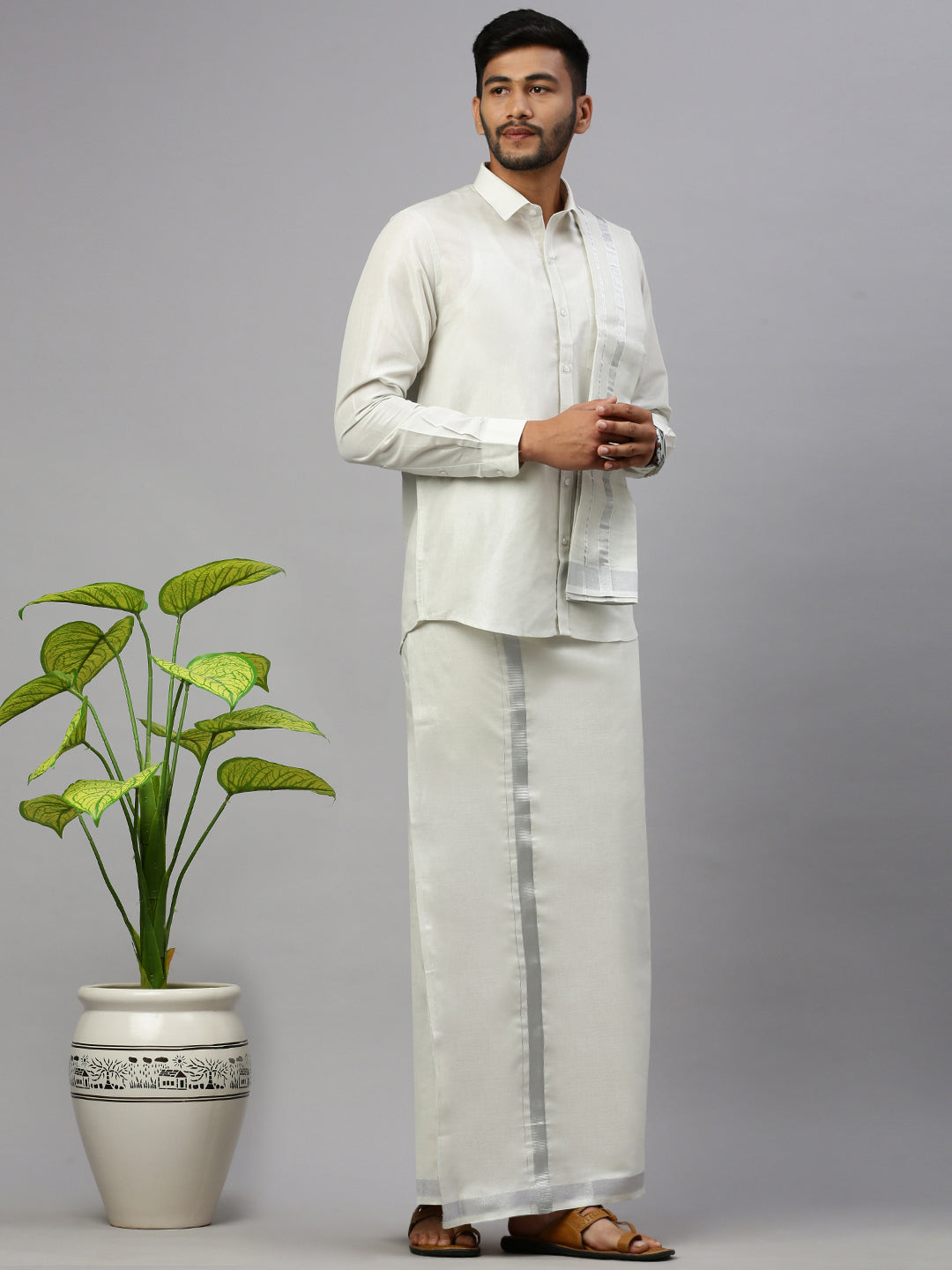 Men Tissue Silver Full Sleeve Shirt Jari Dhoti & Towel Set