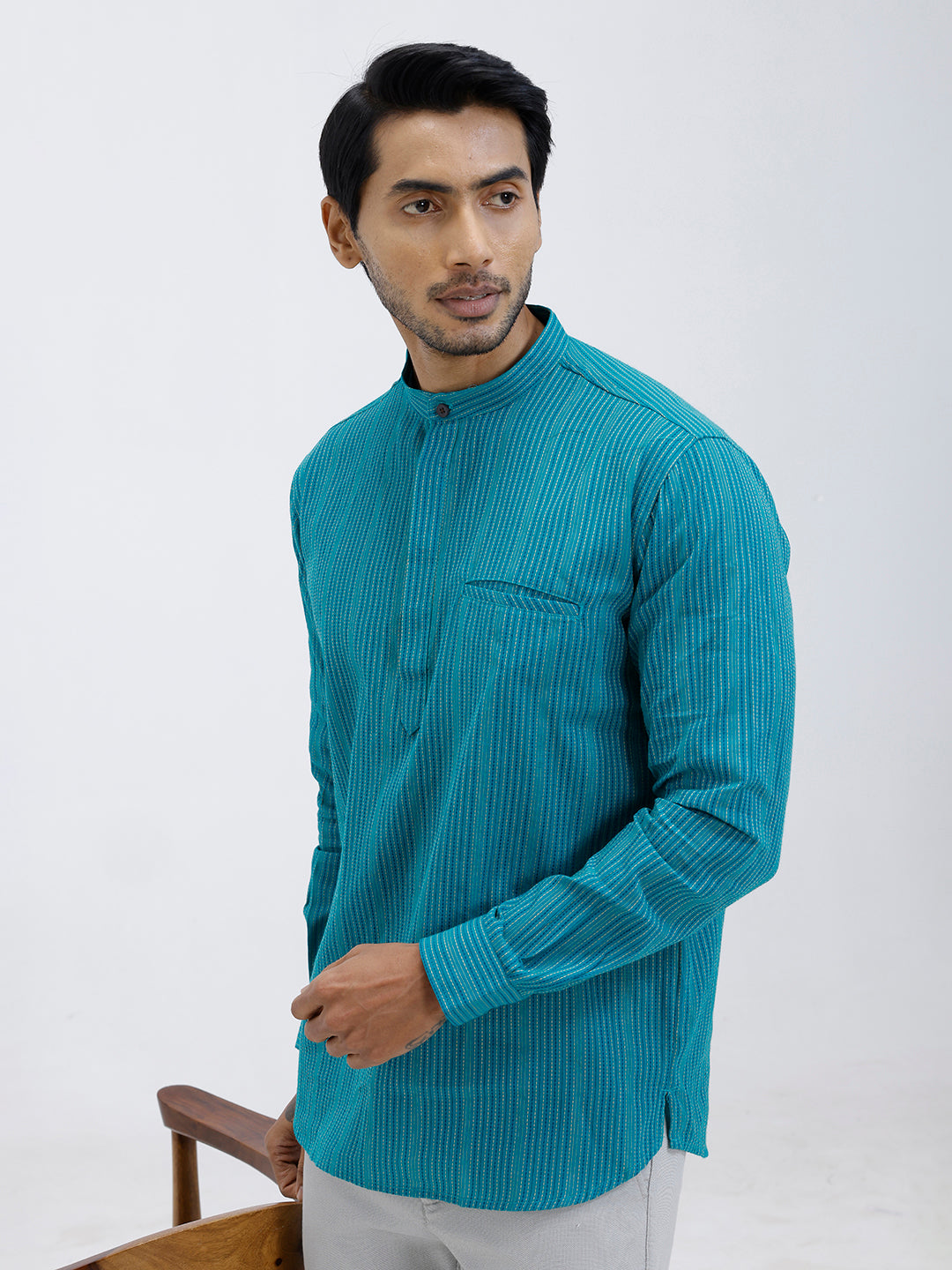 Men Cotton Short Length Striped Pocket Kurta Green RK56