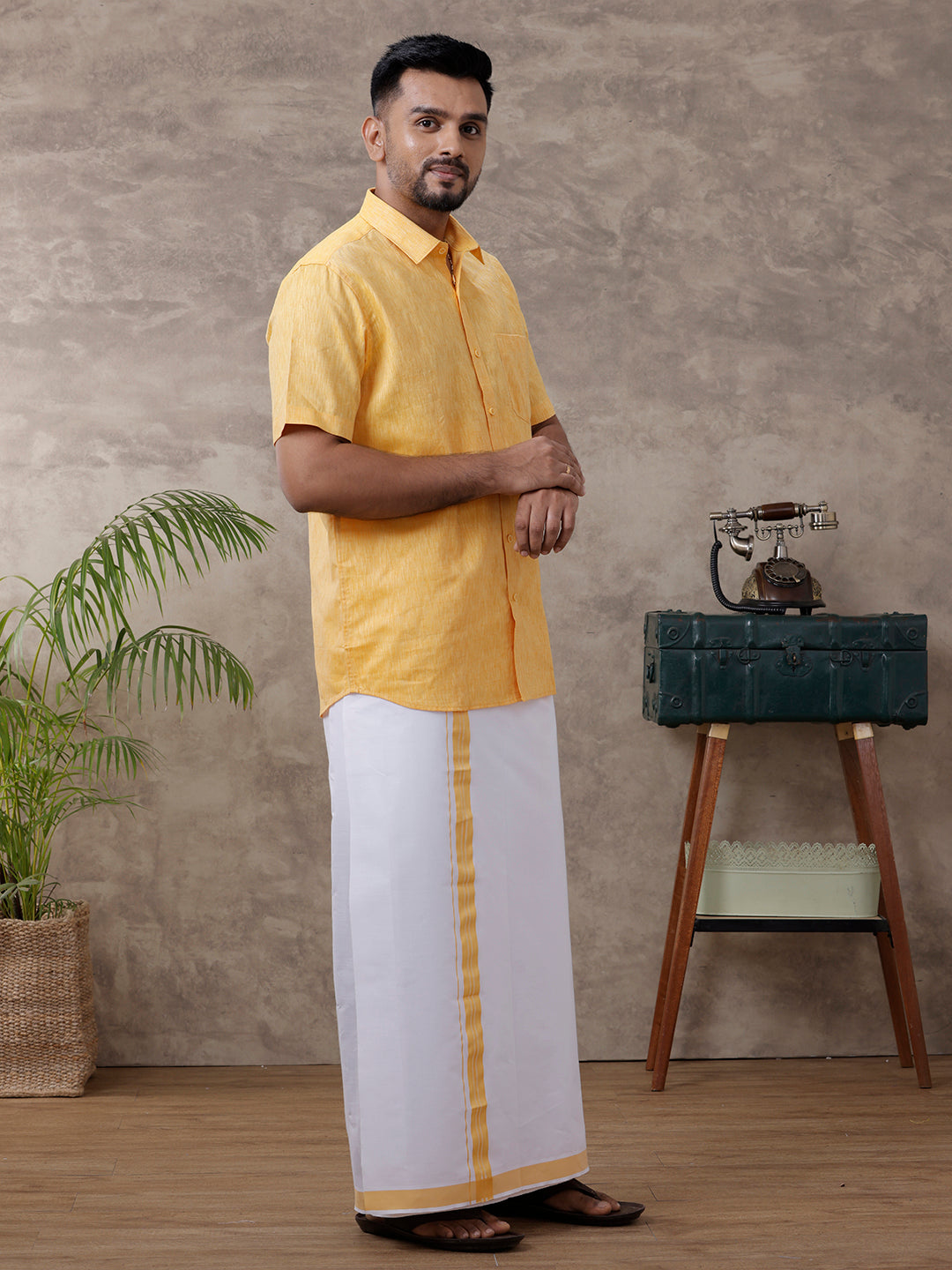 Mens Matching Border Dhoti & Shirt Set Half Gold C3