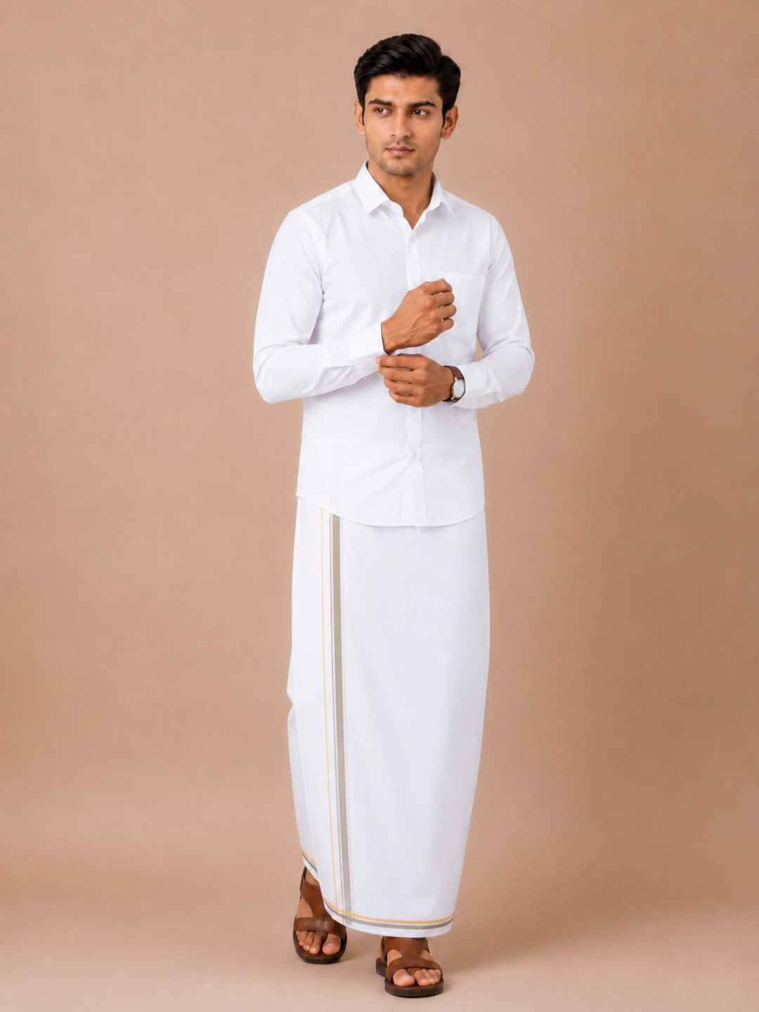 Men 100% Cotton Double Layer White Dhoti with Big Border Property PT03