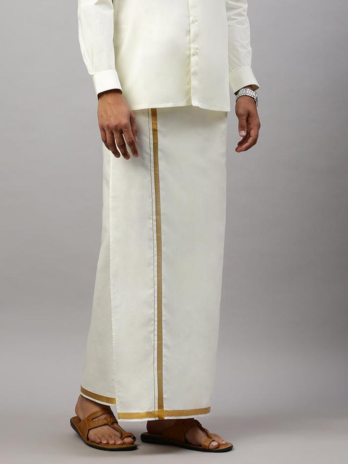 Men Cream with 1/2" Gold jari Border Single Layer Dhoti Career