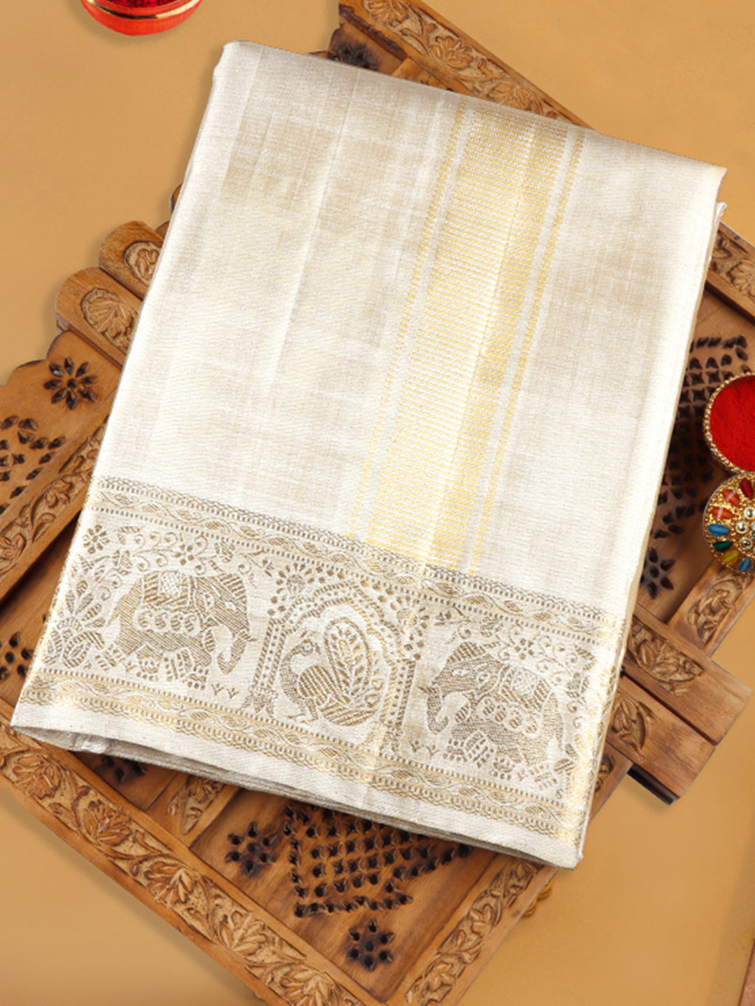Premium Pure Silk Tissue Gold Dhoti with Angavastram "Agarshanaa"