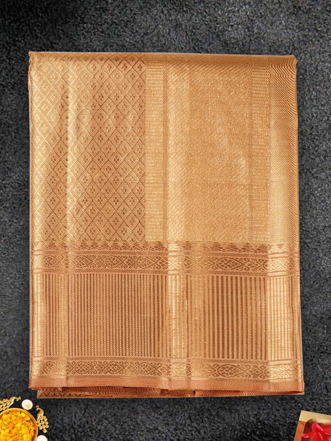 Mens Premium Pure Silk Copper Colour Shirting with 5" Pure Gold Jari Dhoti & Angavasthram Set Rajadharbar