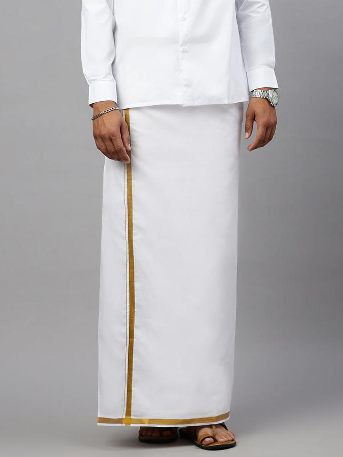 Men 100% Cotton Single Layer White Dhoti with Gold Jari Border Aruthra