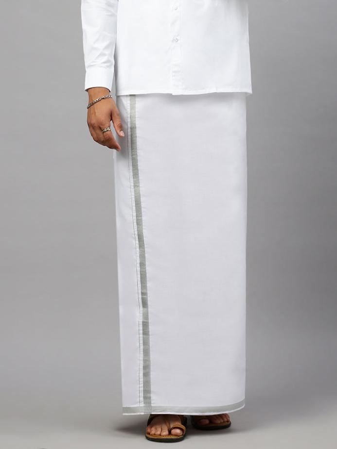 Mens Single Dhoti White with Silver Jari 1/2" Shringar