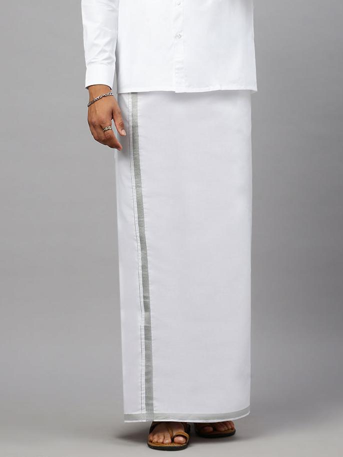 Men White with 1/2" Silver Jari Border Single Layer Dhoti Silver Storm