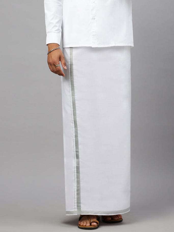 Men White with 3/4" Silver Jari Border Single Layer Dhoti