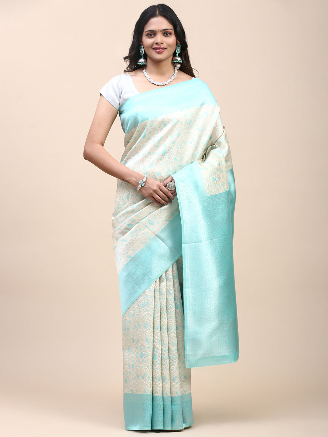 Women Semi Silk Saree Cream SS298