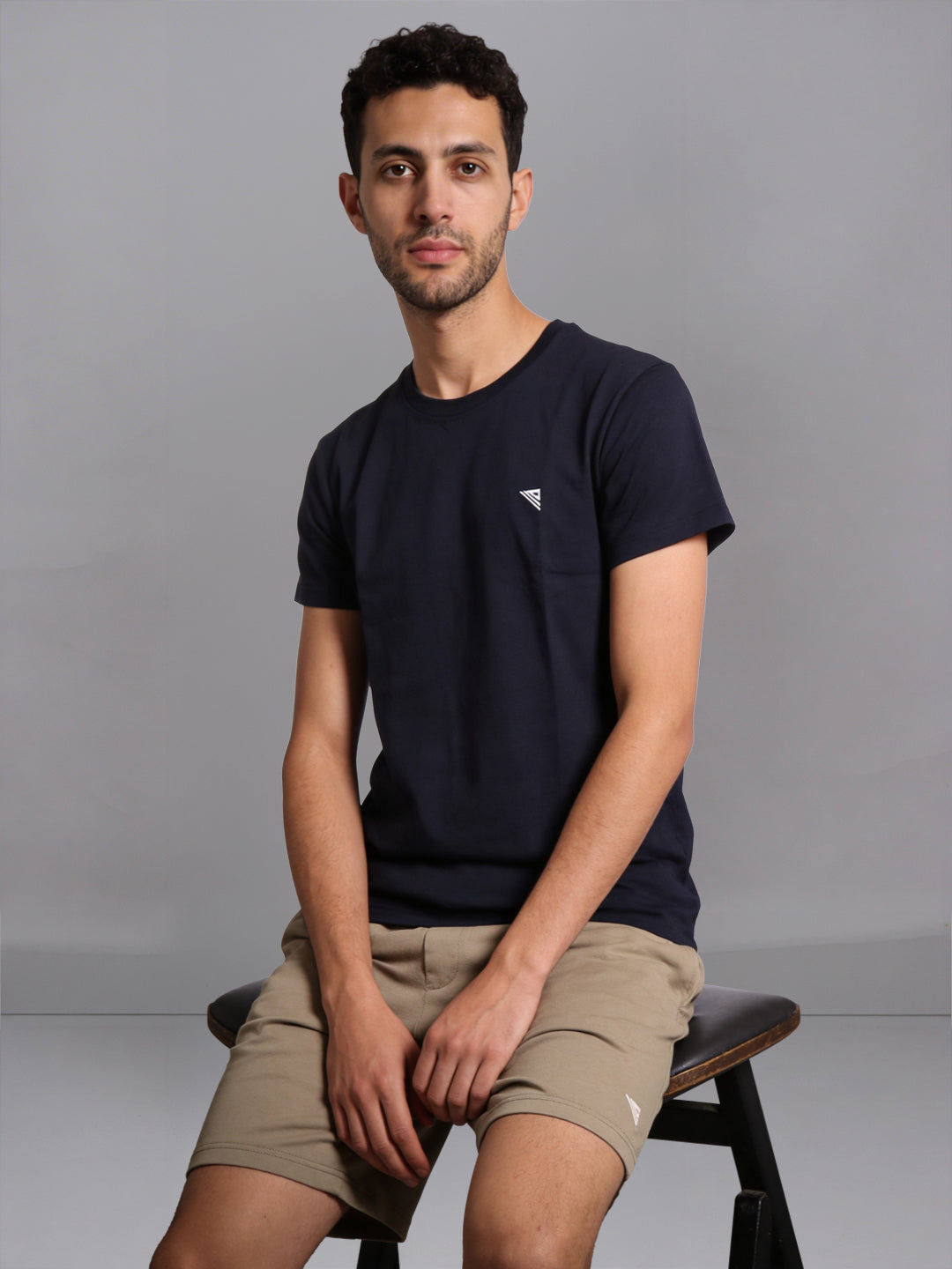 Men Navy Crew neck T-Shirt with Taupe Shorts Combo ES9