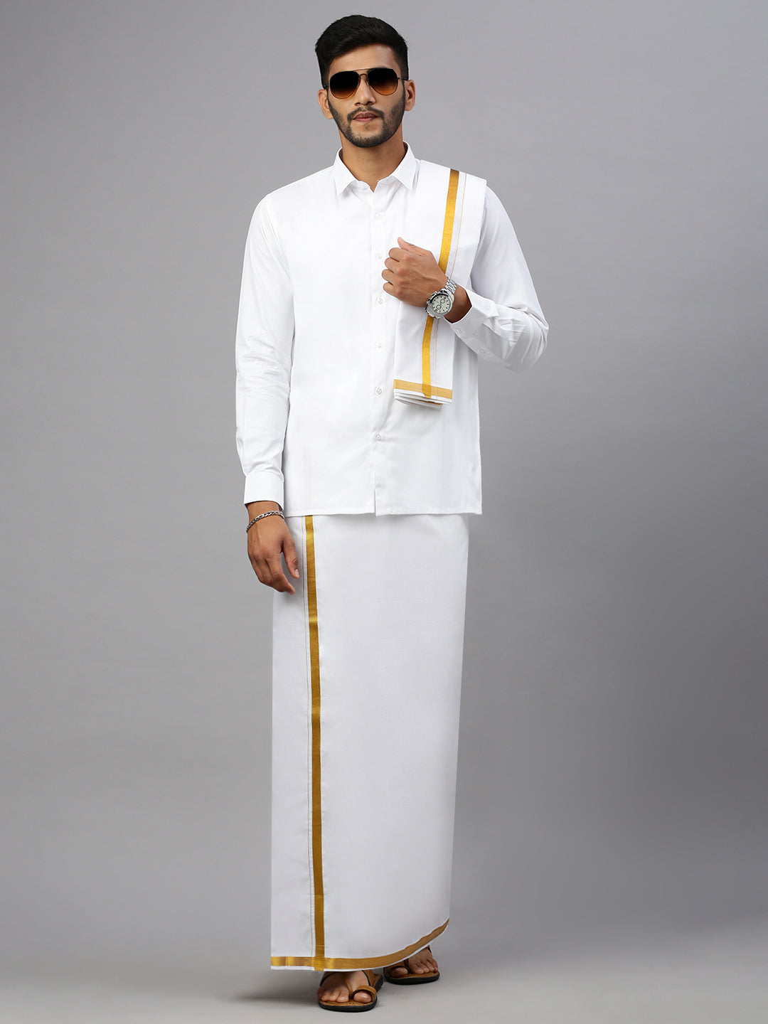 Men 3/4" inch Gold Jari Border Single Layer White Dhoti & Towel Set Kalasadan