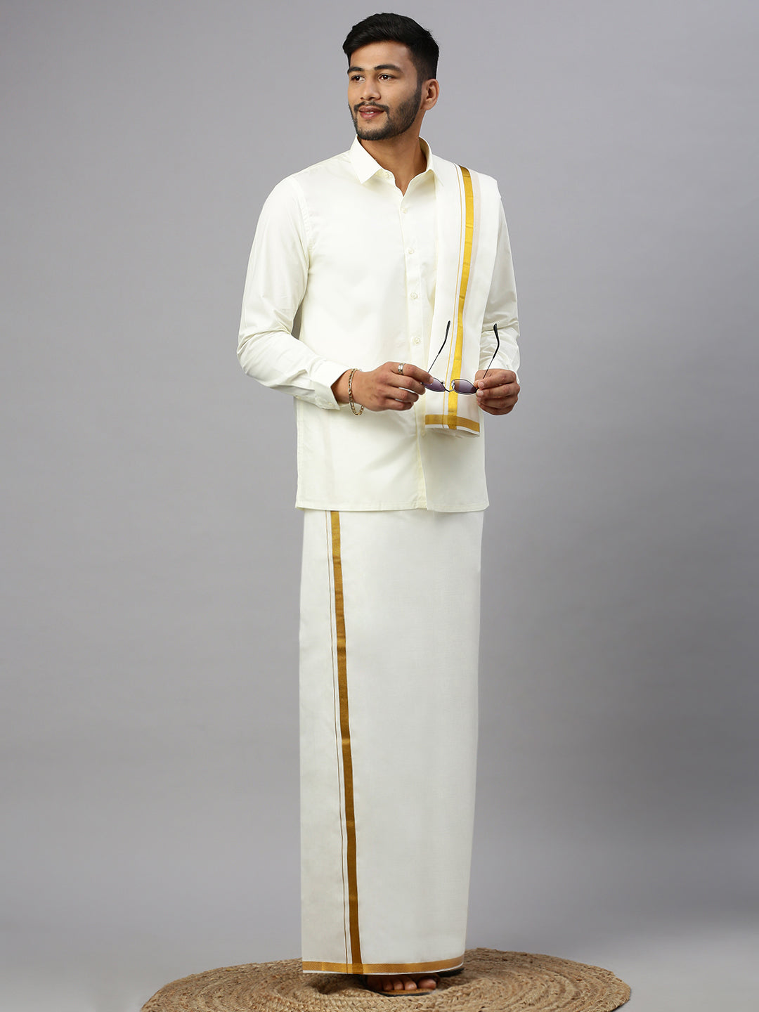 Men Cream with 1" inch Gold jari Border Dhoti Shirt & Towel Set Subhakalyan