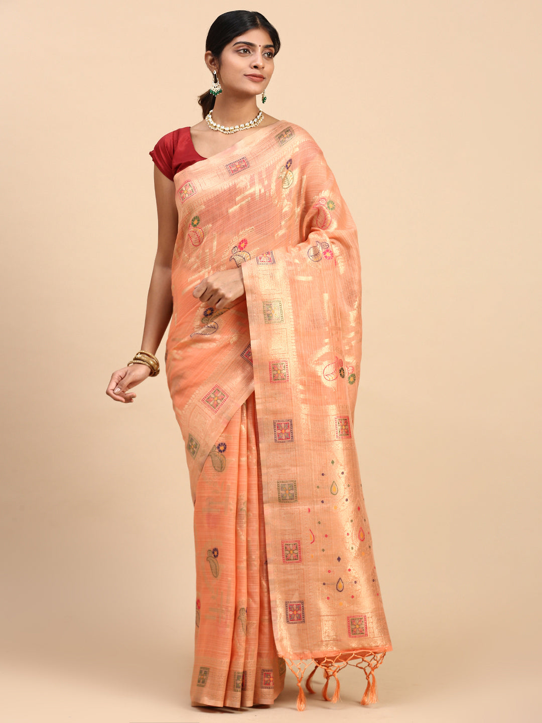 Women Semi Linen Printed Saree Orange SL165