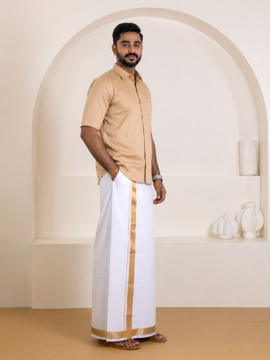 100% Cotton Brown Shirt and Colour Jari Border Dhoti Set BT1