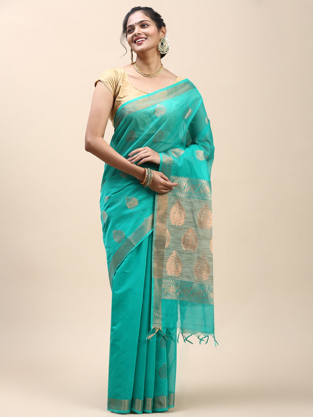 Women Semi Cotton Saree Green SC31