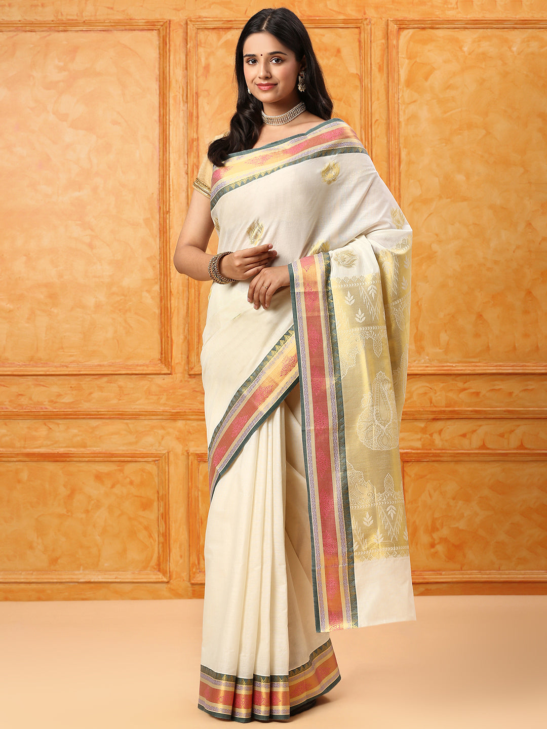 Kerala Cream Gold Jari Weaving Saree KS100