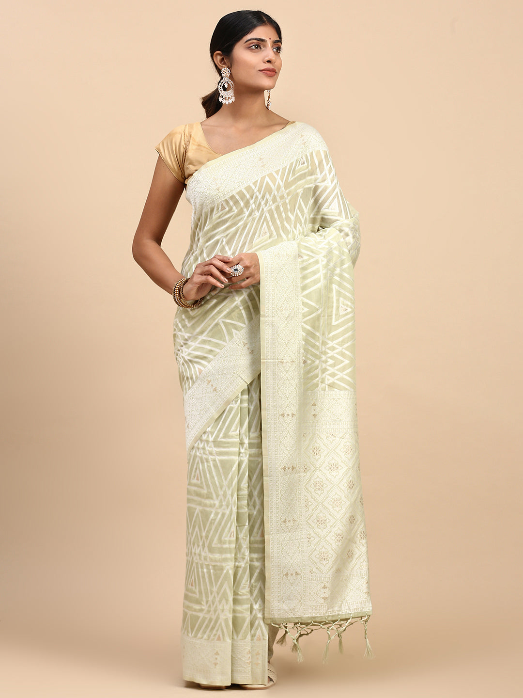 Women Semi Cotton Printed Saree Light Green SCS112