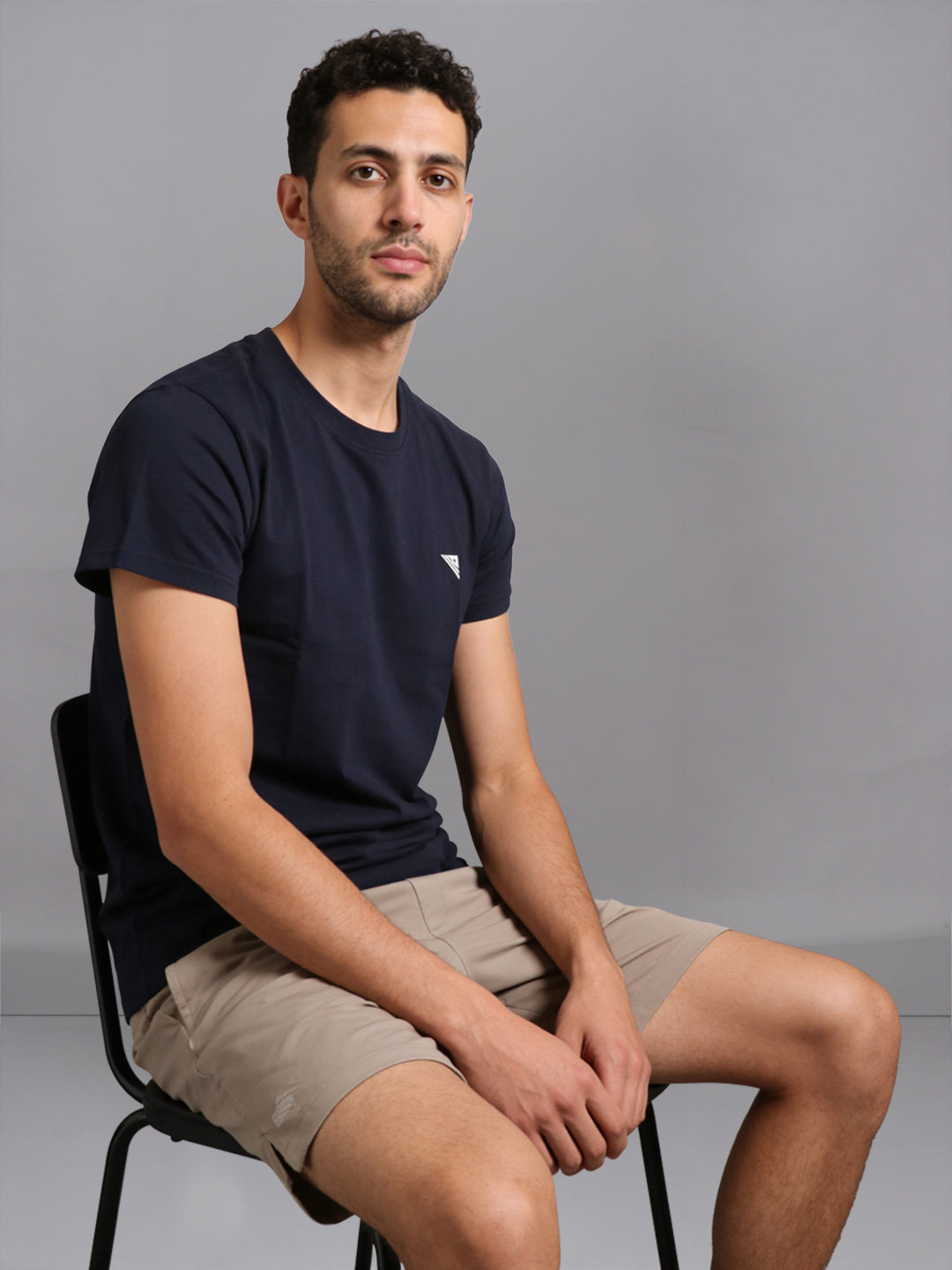 Men Navy Crew neck T-Shirt with Beige Shorts Combo ES6