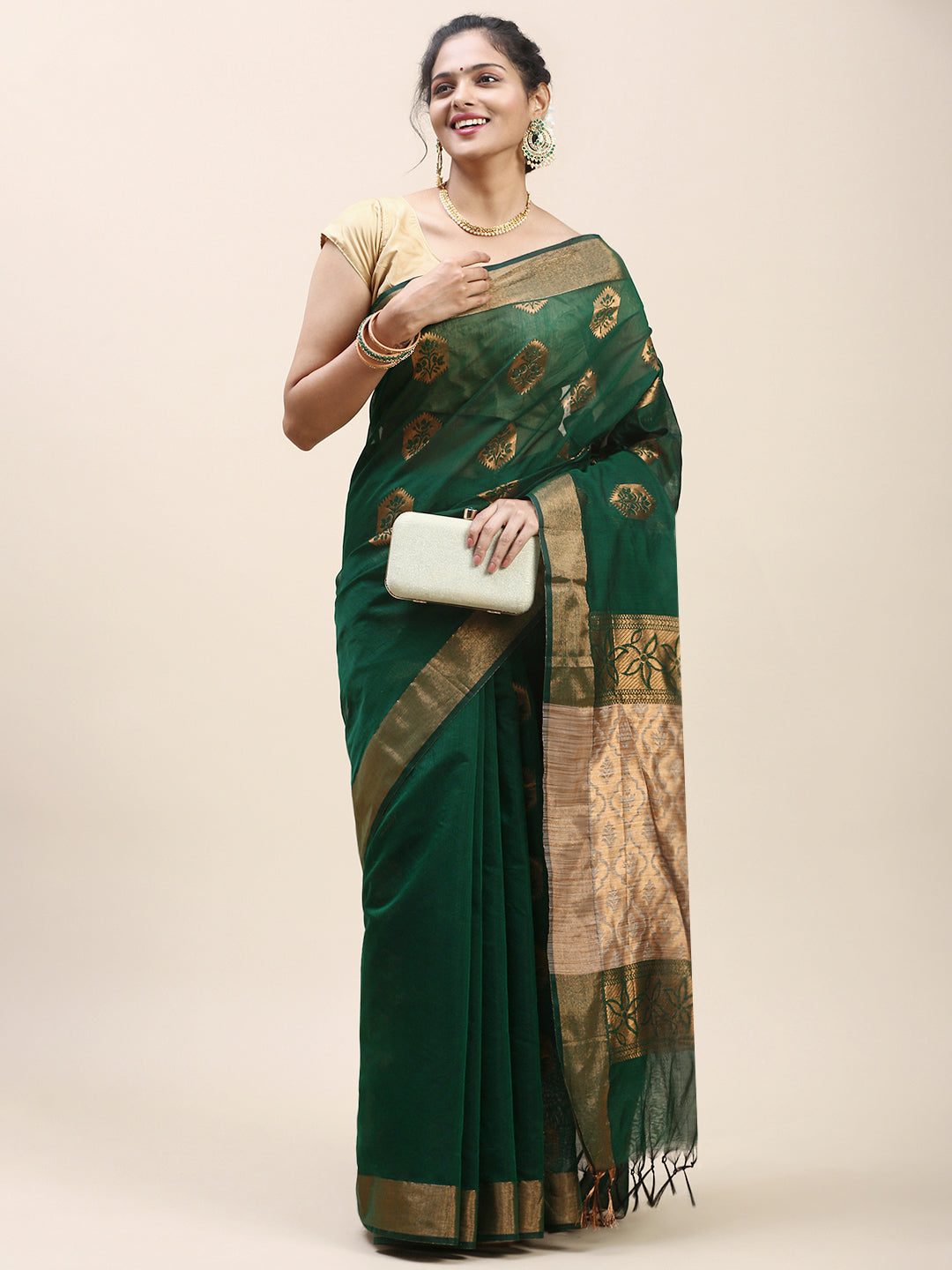 Women Semi Cotton Saree Green SC30