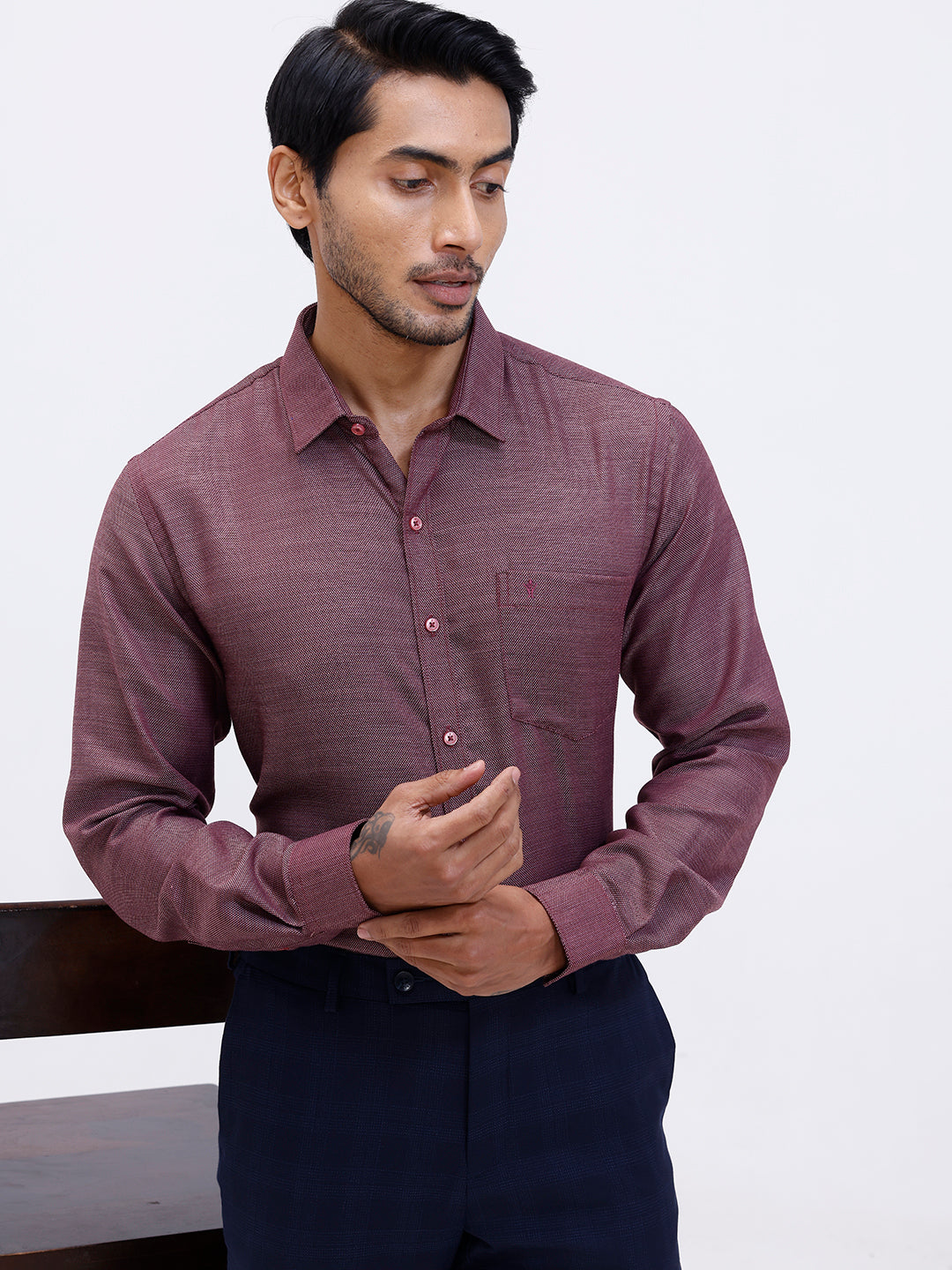 Men Cotton Rich Full Sleeve Shirt Maroon Red Dobby T59 AIT2